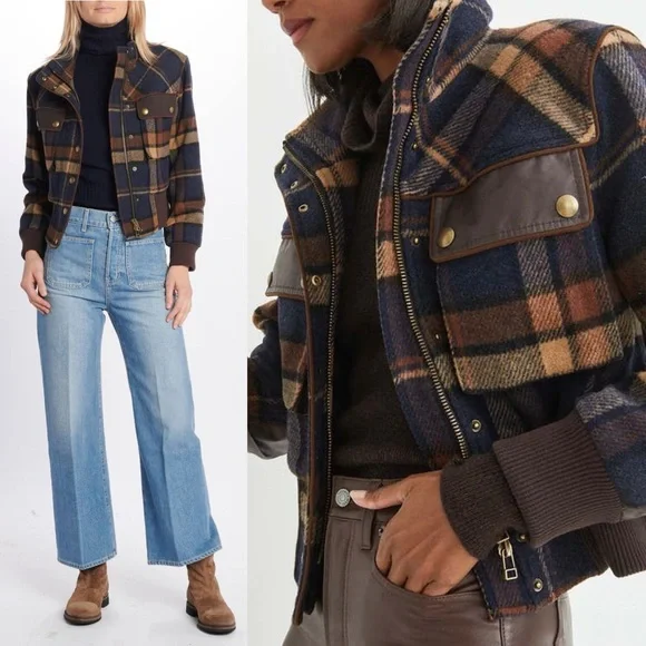 Veronica Beard Jadis Plaid Snap Button Wool Blend Bomber Jacket - Picture 2 of 11